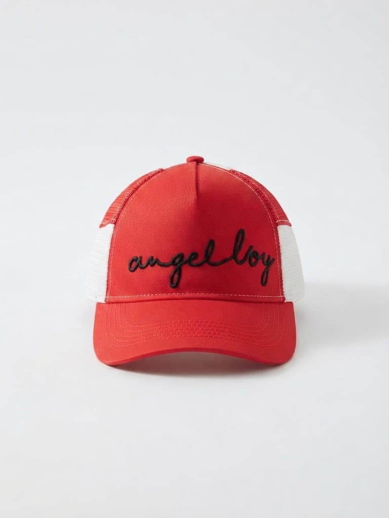 Kids Red Mesh Trucker Cap with "angel boy" Script