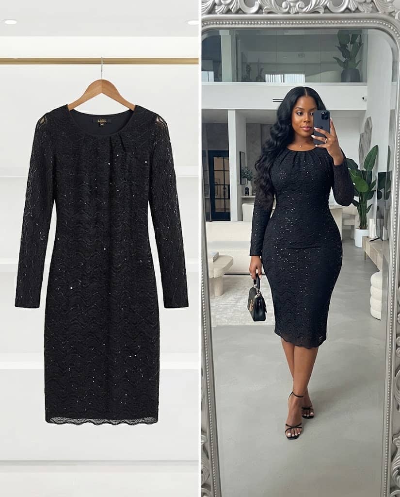 Black Sequin-Embellished Lace Midi Dress