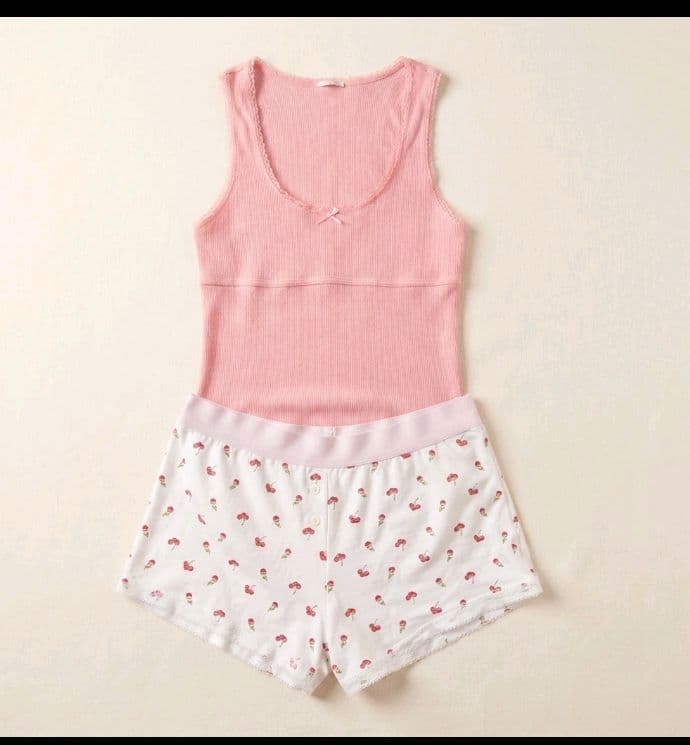 Premium Ribbed Pink Cami & Cherry Print Shorts Sleep Set