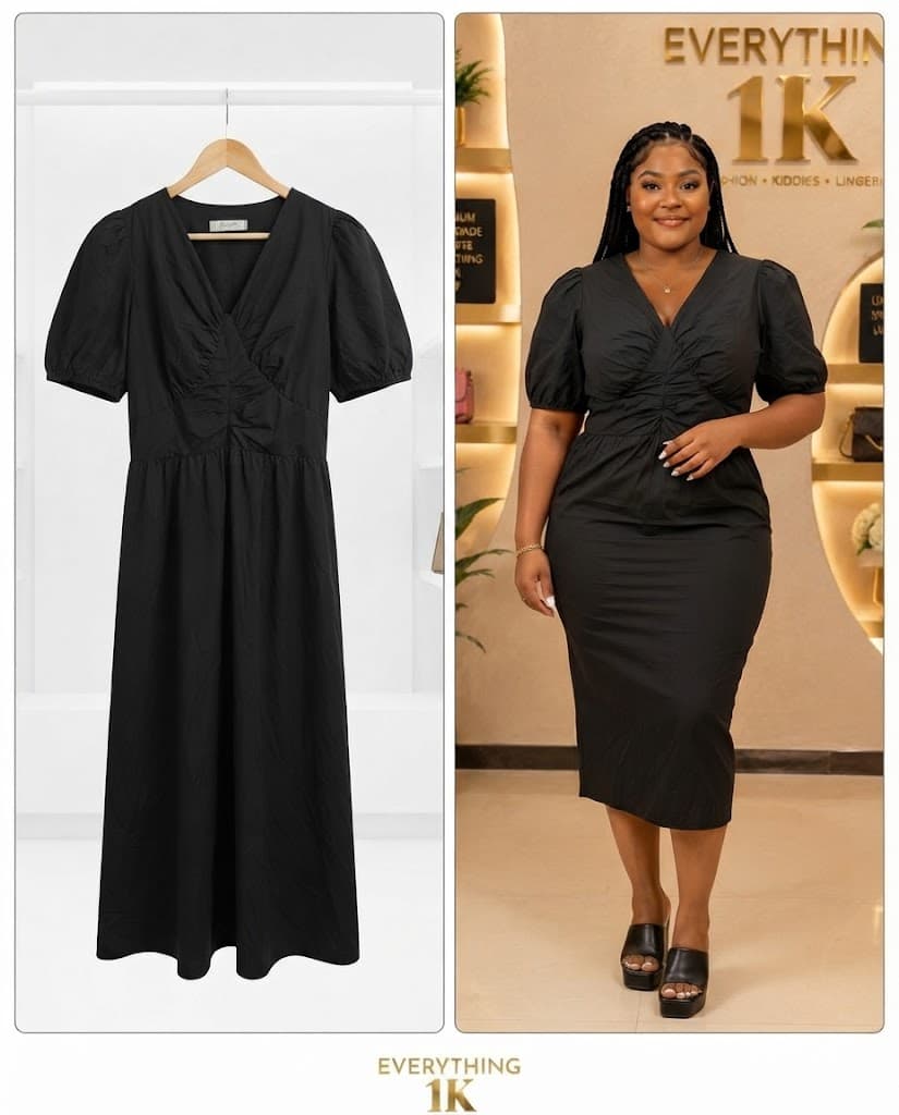 Black V-Neck Ruched Midi Dress