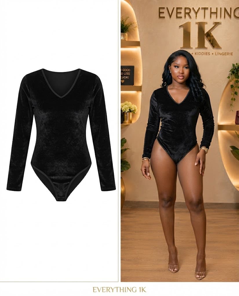classic Black Velvet Long-Sleeve V-Neck Bodysuit