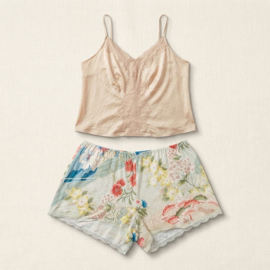 Champagne Lace-Trim Cami and Floral Print Lounge Shorts Set
