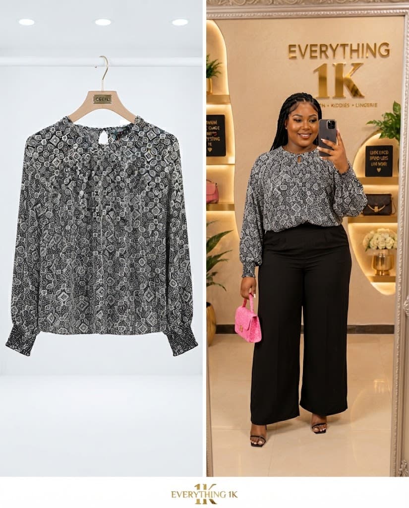 Black and White Geometric Corporate Blouse with Smocked Cuffs