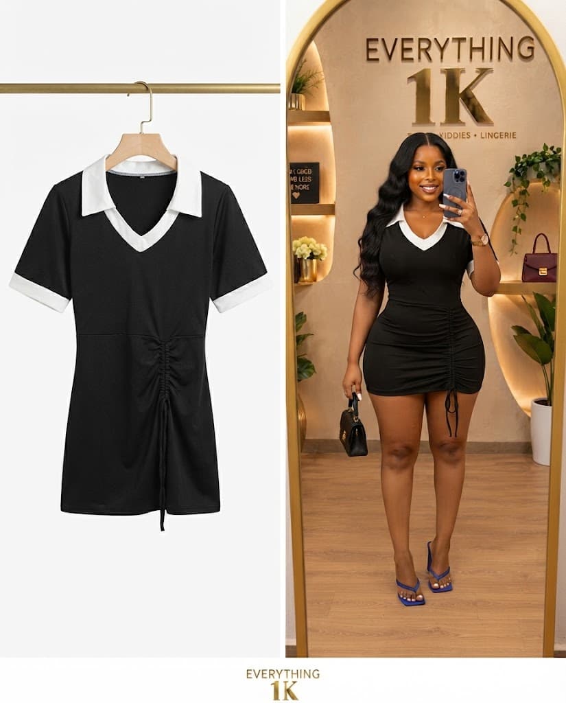 Black Short-Sleeve Dress with Contrast White Collar and Ruching