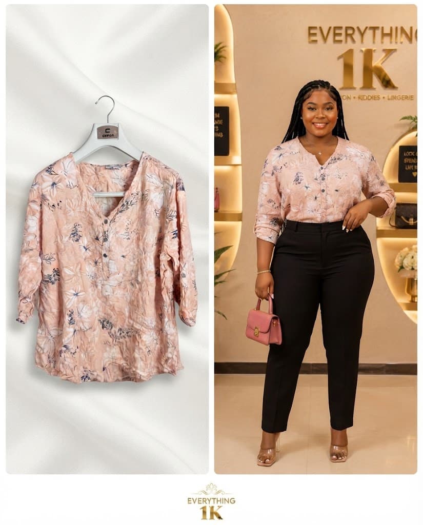 Casual Peach and Blue Abstract Floral Print V-Neck Tunic