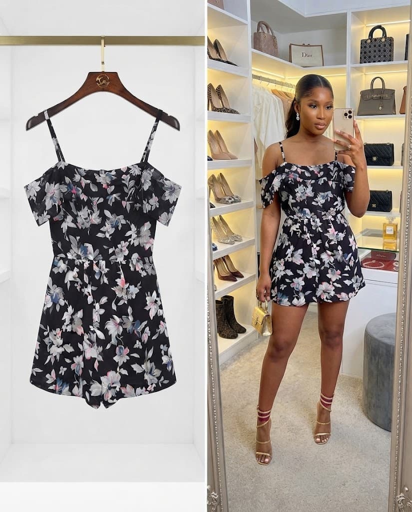 Black Cold-Shoulder Floral Print Romper