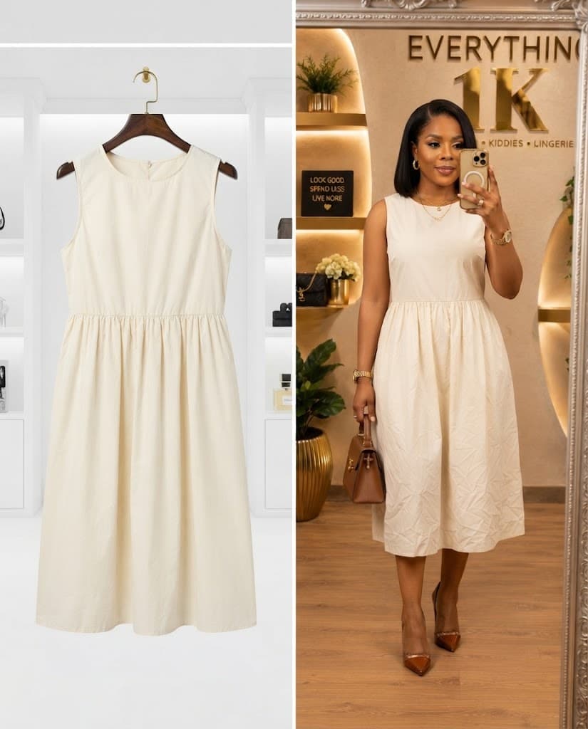 Cream Sleeveless Gathered corporate Midi Dress
