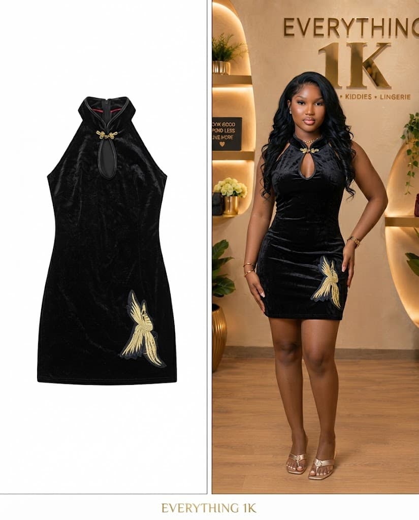 Black Velvet Halter Mini Dress with Gold Applique