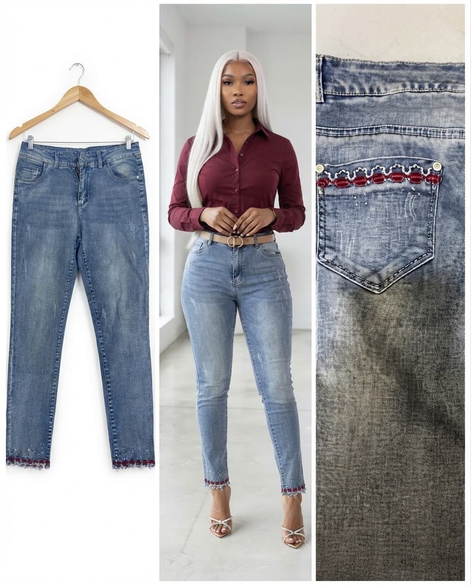 Burgundy-Trimmed Embellished Hem Jeans 30/32