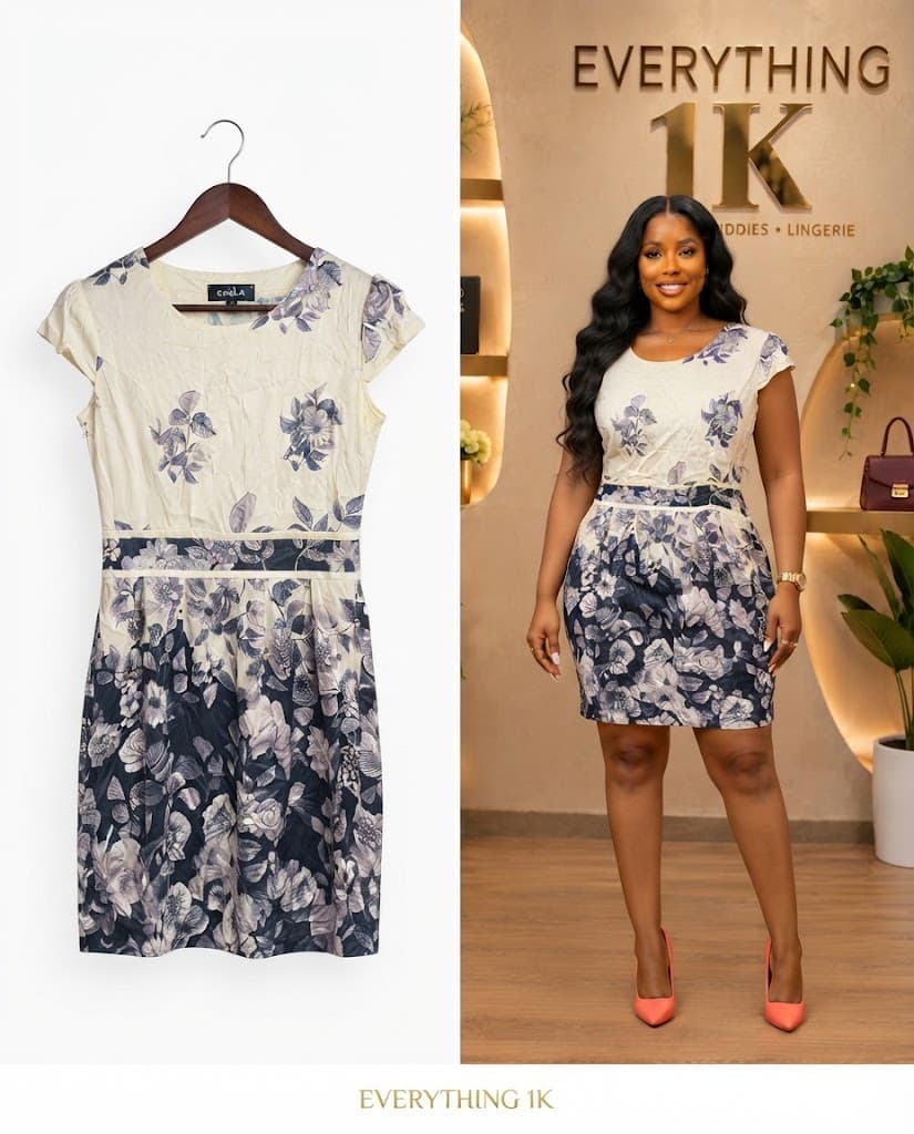 Cream & Blue Floral Panel Dress