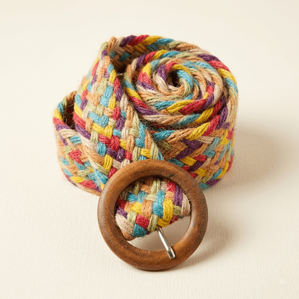 Multi-Colored Woven Boho Belt with Wooden Buckle