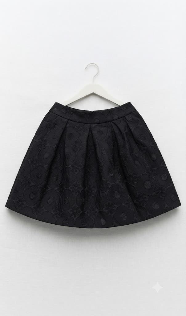 Girls Black Floral Textured Pleated Skirt: Jacquard Flared Mini Skirt 8-10 Years