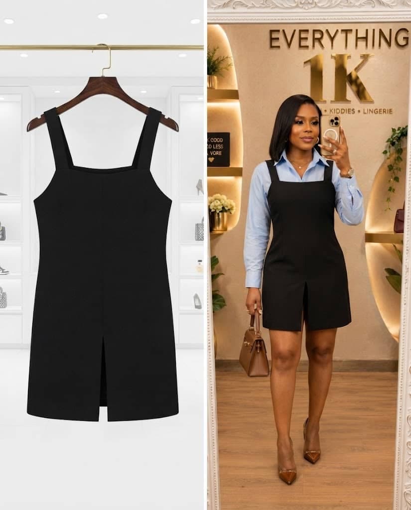 Black Square-Neck Jumper Dress with Front Split