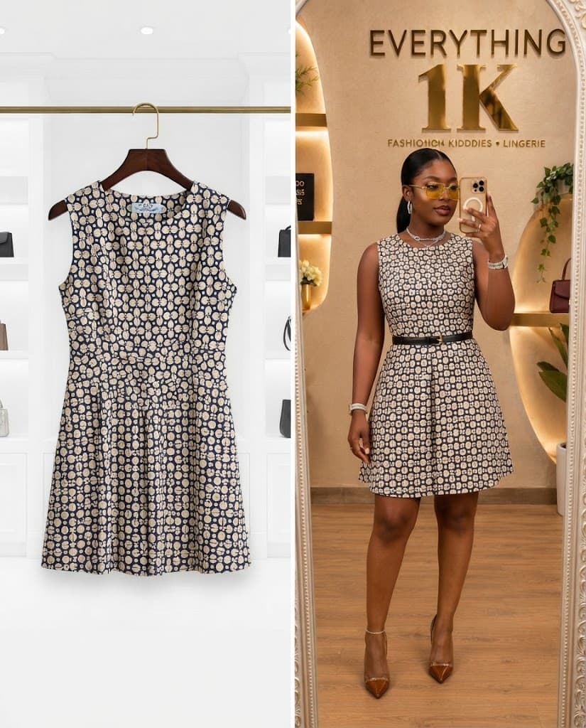 Navy Blue and Cream Patterned Sleeveless Mini Dress