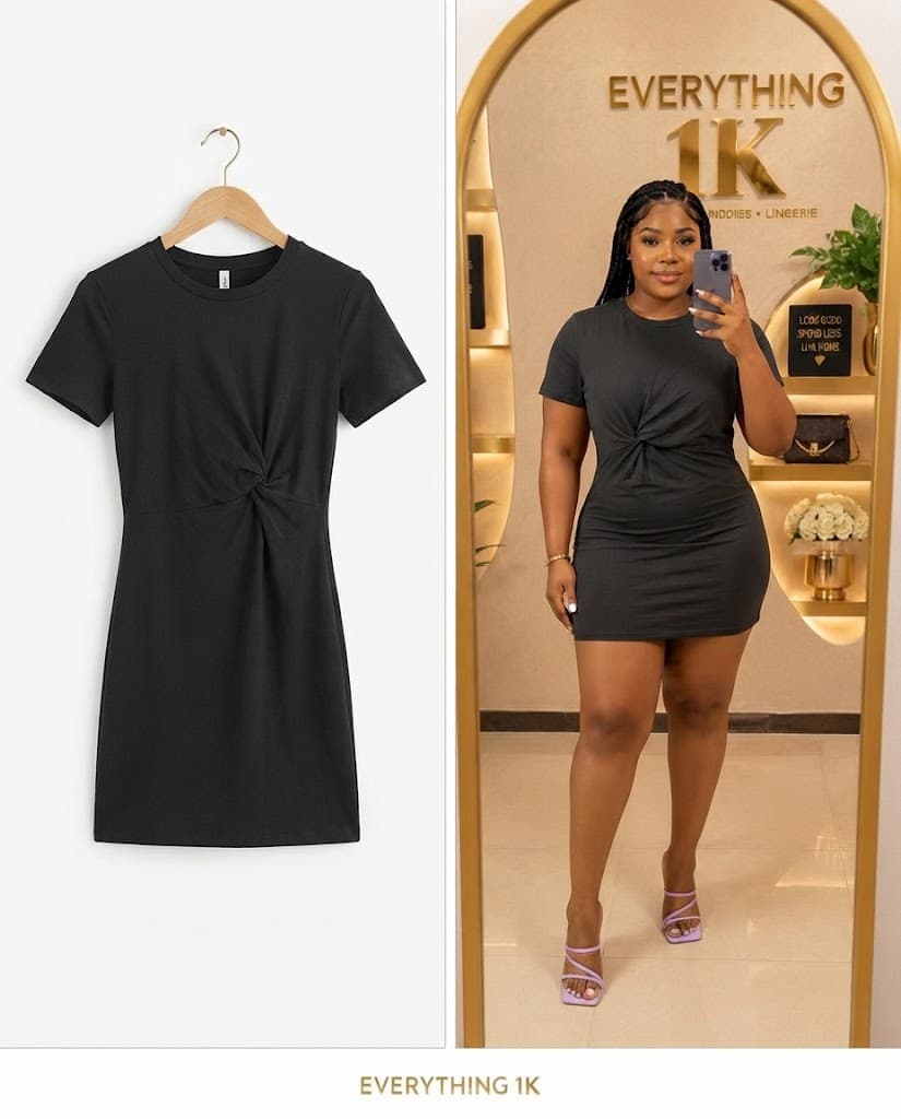 Black Short-Sleeve Mini Dress with Front Knot Detail