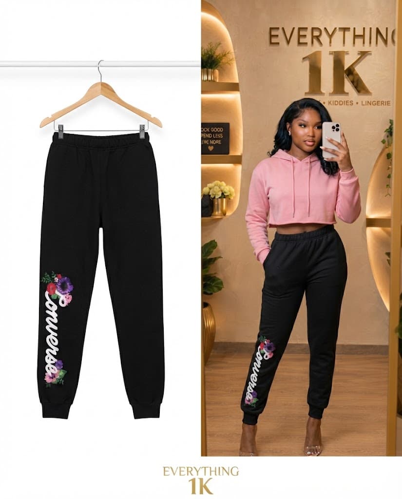 Black Converse Floral-Print Joggers (Regular Length, Size 10-12)