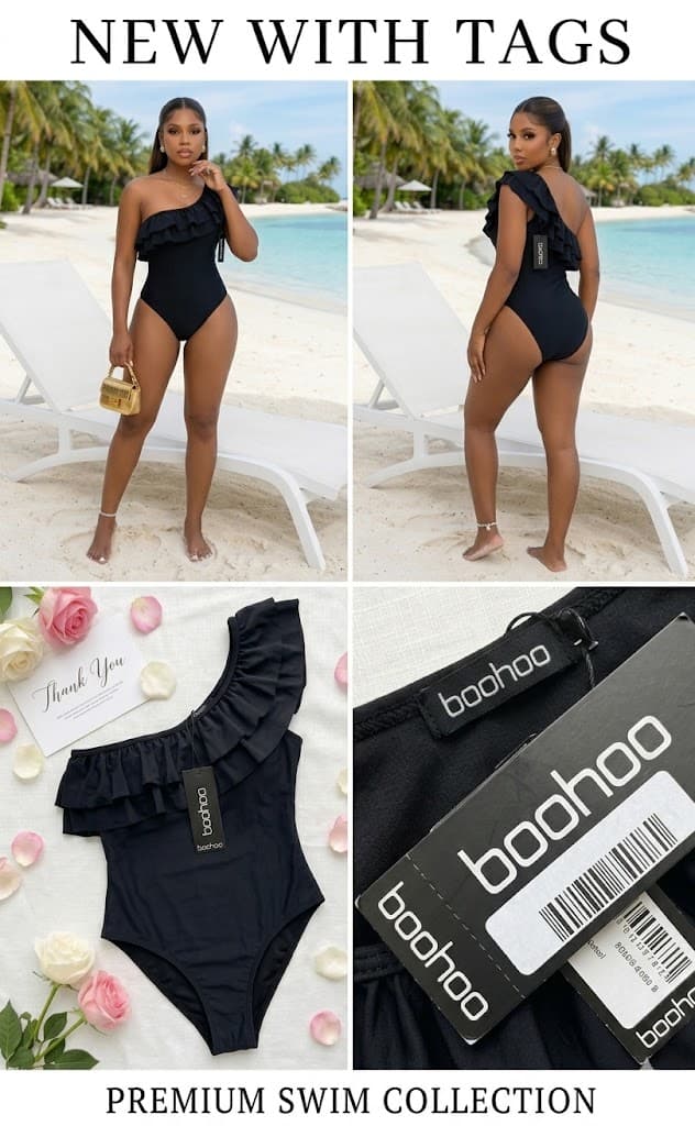 Black Boho One-Shoulder Ruffle Monokini