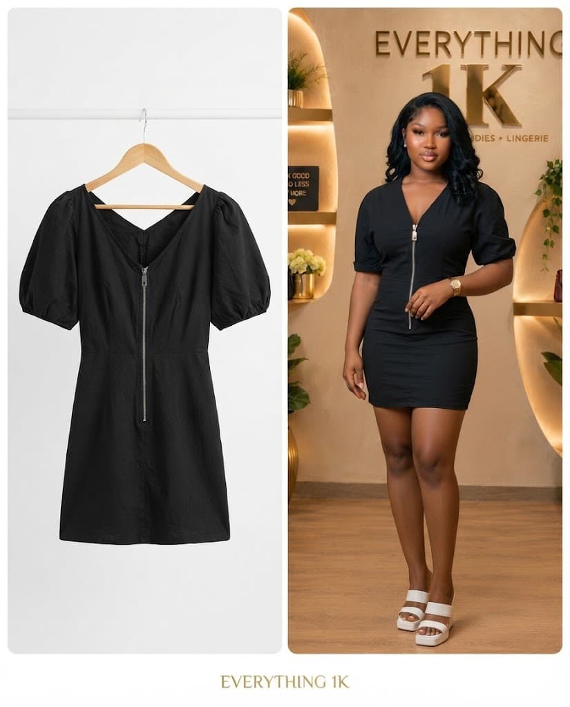 Black Front-Zip Puff-Sleeve Dress