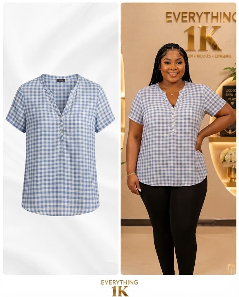 Casual Blue and White Gingham Blouse