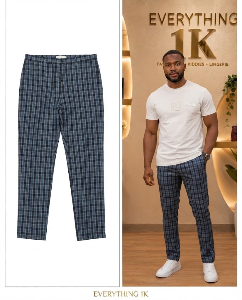 Blue Checkered Men’s Slim-Fit Trousers