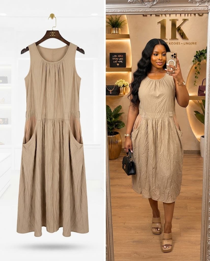 Beige Sleeveless Pocket Midi casual Dress