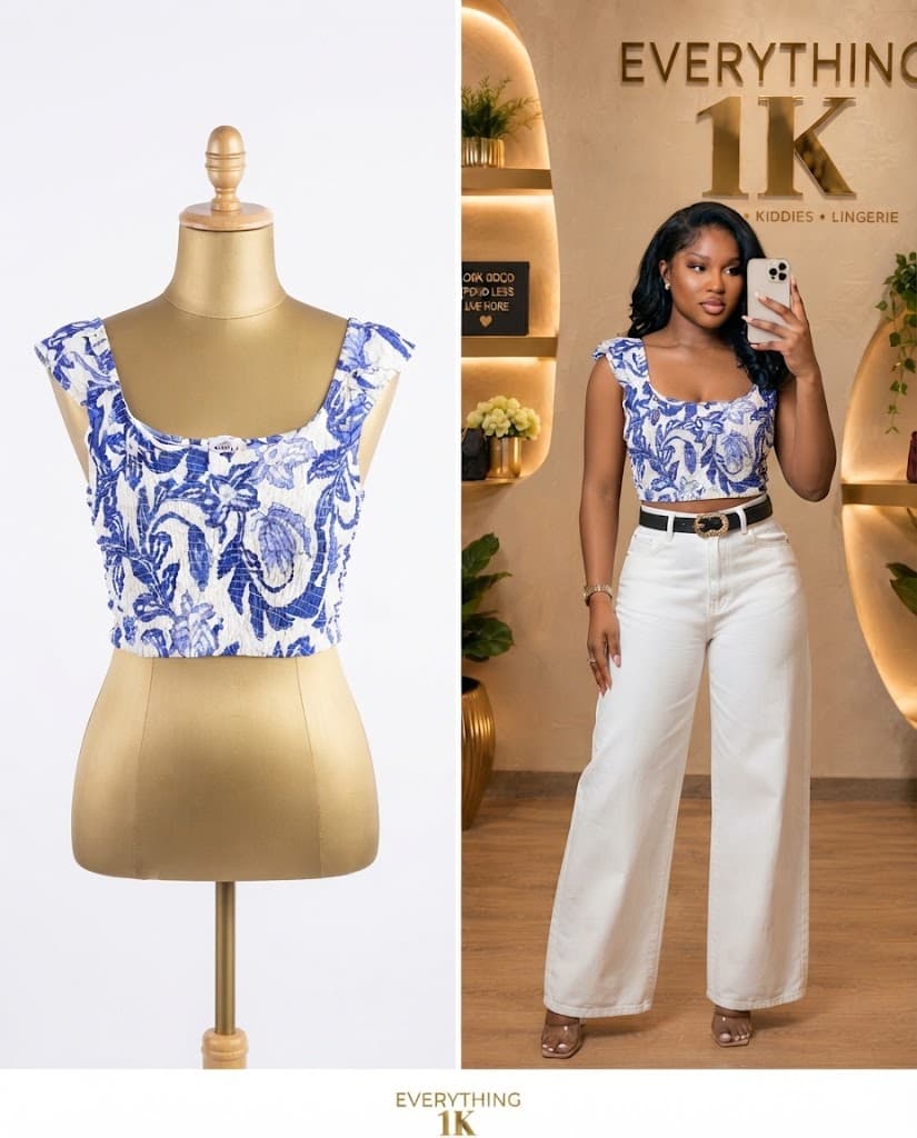 Blue & White Floral Print Crop Top