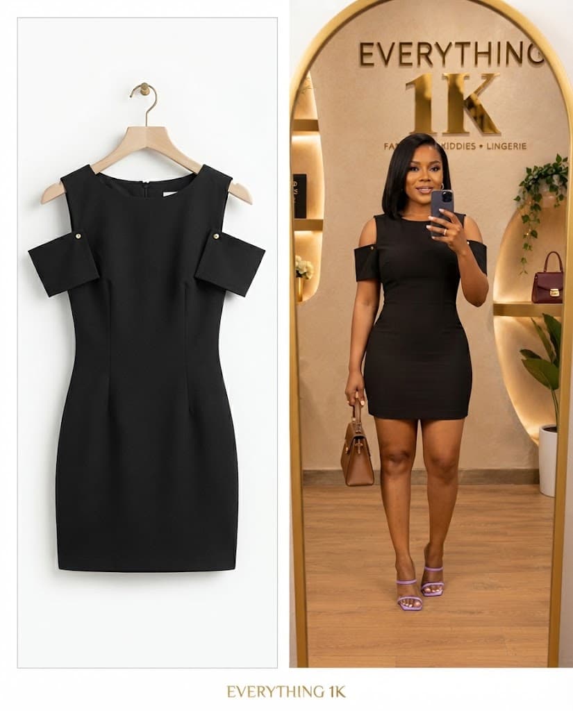 Black Cold-Shoulder Mini Dress with Trimmed Cuffs