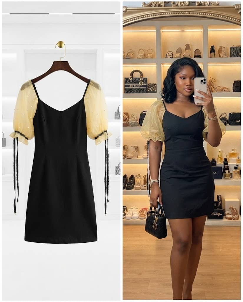 Black Mini Dress with Sheer Yellow Pearl-Accented Sleeves