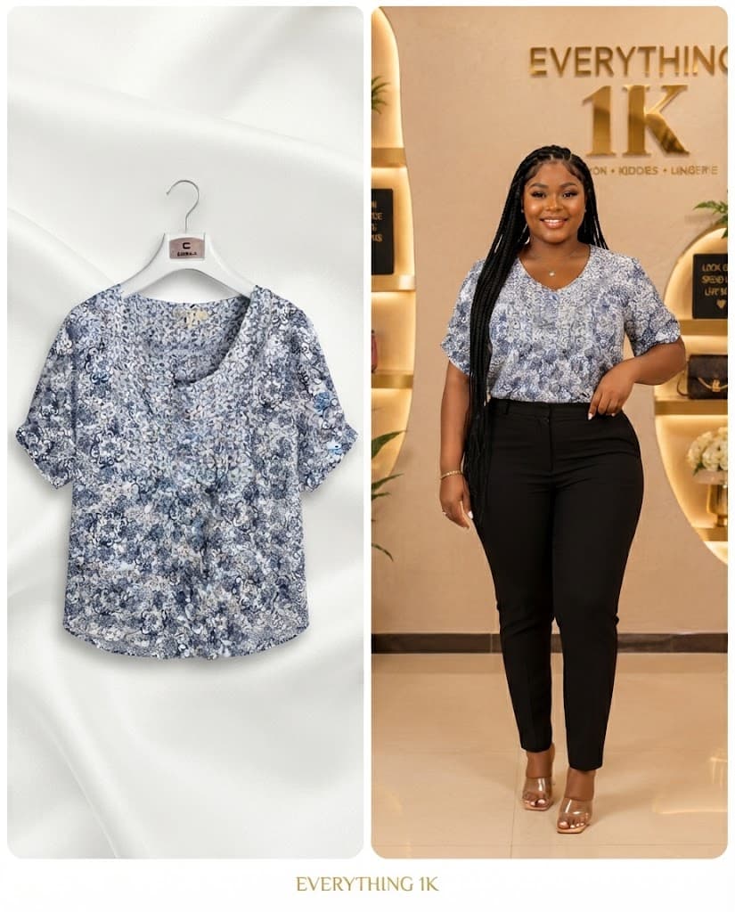 Casual Blue and White Ditsy Floral Short-Sleeve Blouse