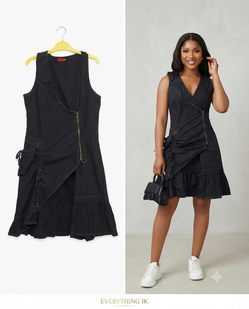 Black Asymmetrical Zip-Front Ruffle Hem Dress