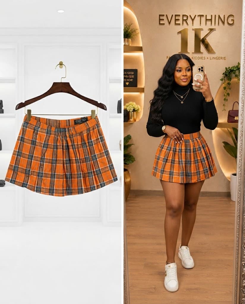 Orange & Charcoal Plaid Pleated Mini Skirt
