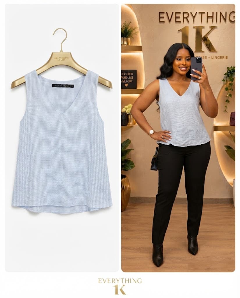 Casual Light Blue Gingham V-Neck Tank Top