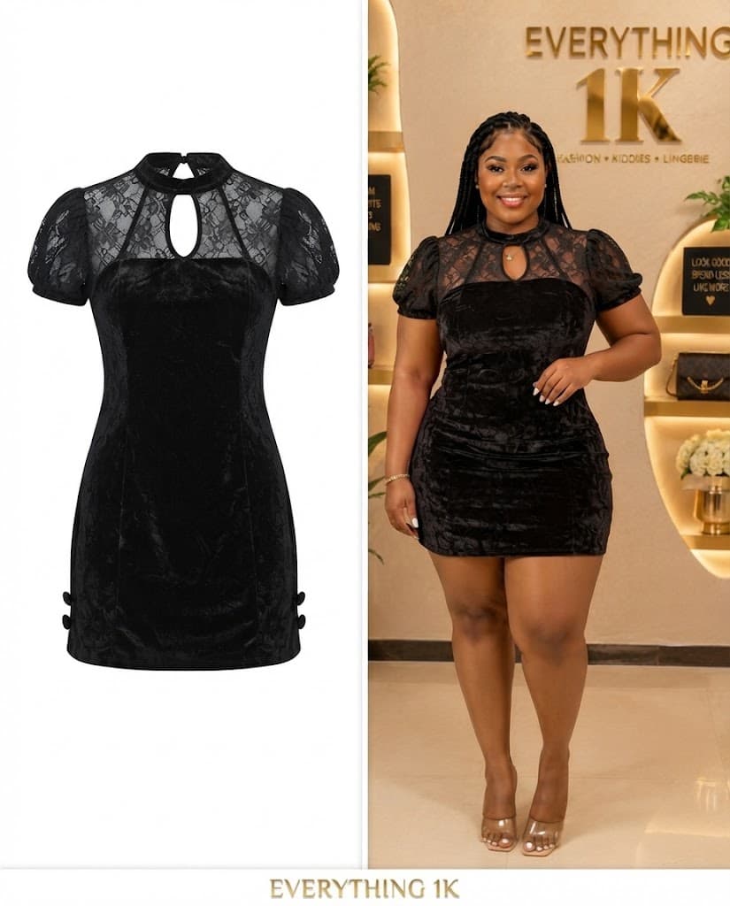 Black Velvet & Lace Puff-Sleeve Mini Dress