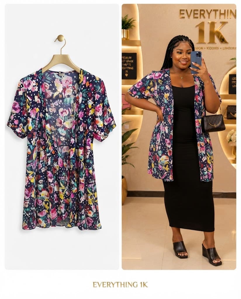 Casual Floral and Polka Dot Open-Front Kimono Jacket