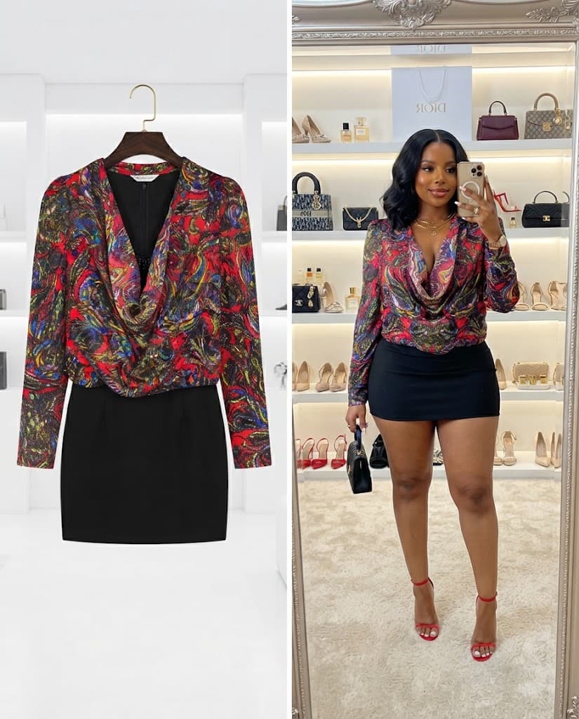 Multicolor Abstract Print Long Sleeve Top & Black Skirt party Set