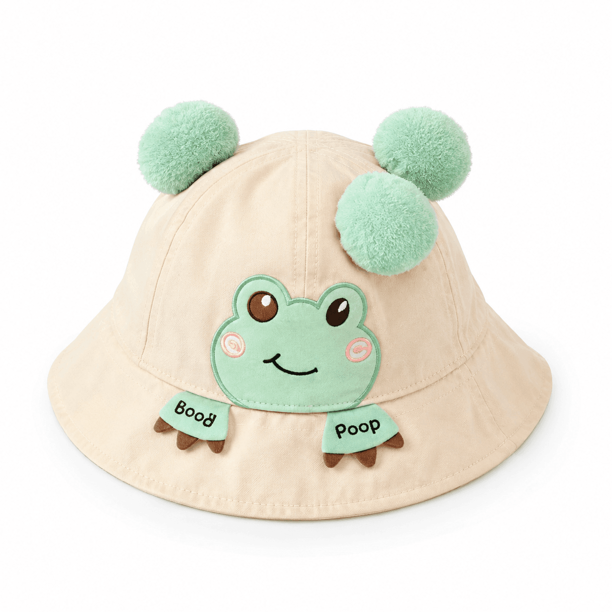 Beige Frog Design Bucket Hat with Pom-Poms