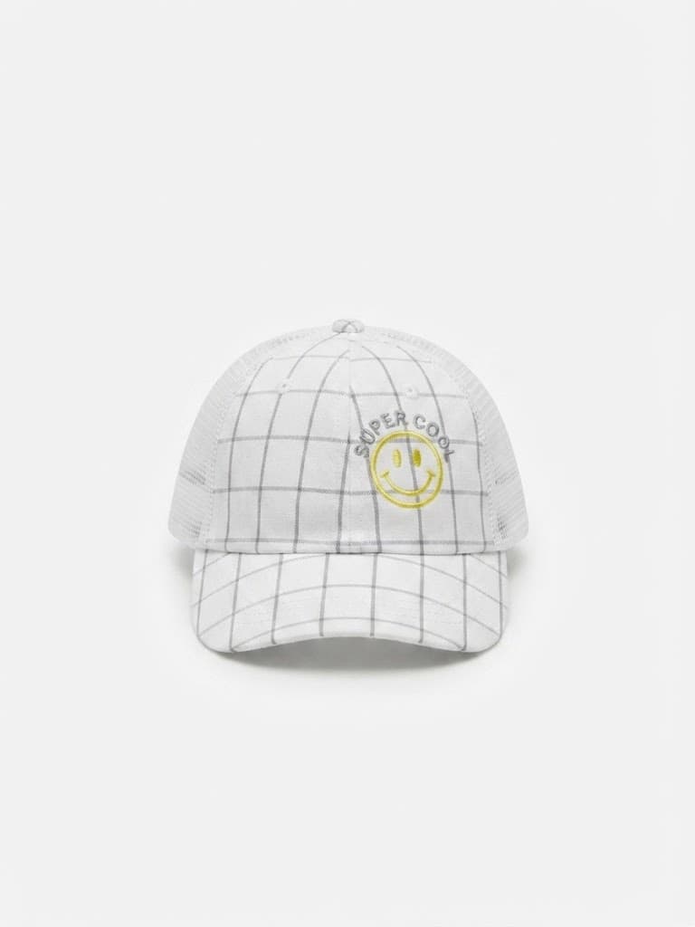White Grid Pattern "Super Cool" Smiley Cap