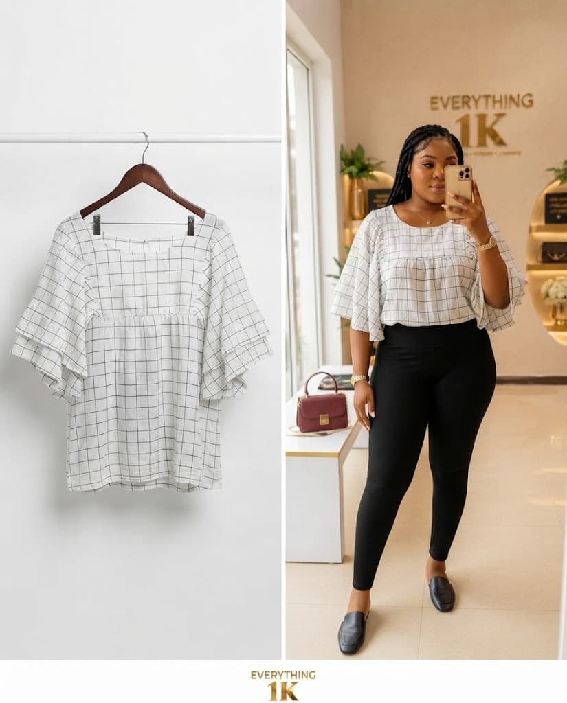 Pre-loved Grid Print Layered Flare-Sleeve Top