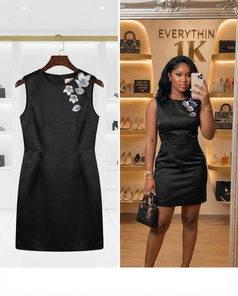 Black Satin Mini Dress with Floral Shoulder Applique