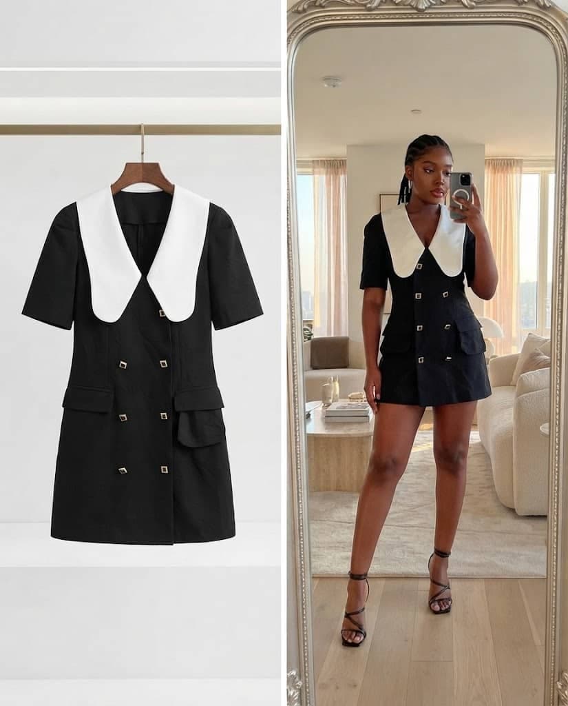 Black Double-Breasted Mini Dress With Oversized White Collar