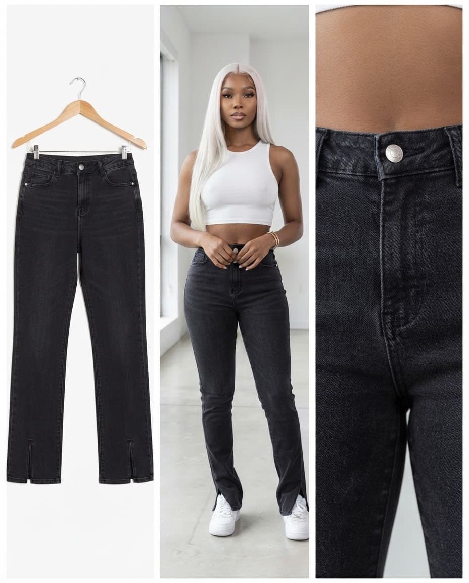 Split-Hem Charcoal Wash High-Rise Jeans 28