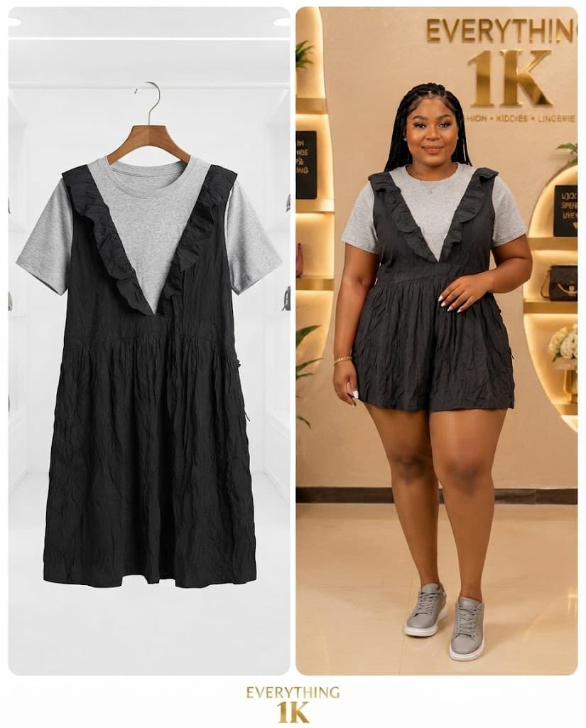 Grey Tee & Black Ruffled Jumper Dress