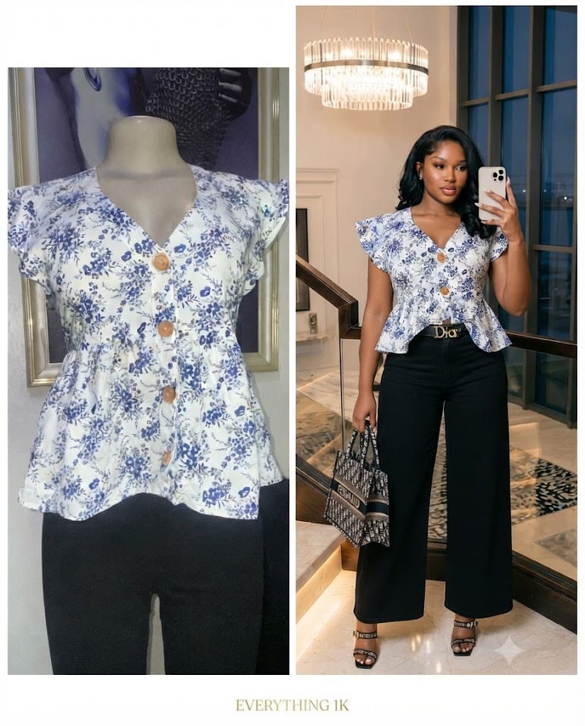 Ladies White &Blue floral Peplum Shirt