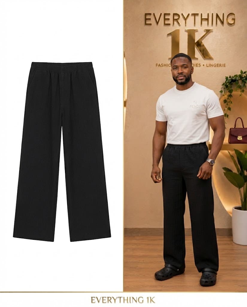 Black Textured Wide-Leg Men's Trousers