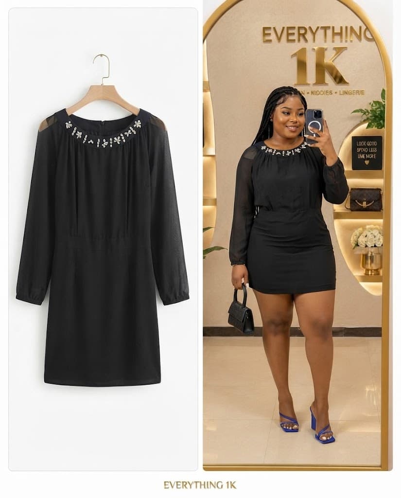 Black Long-Sleeve Mini Dress with Embellished Collar