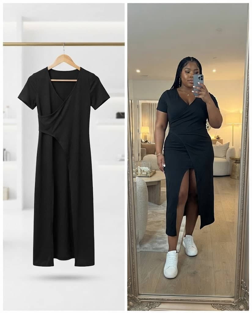Black Short-Sleeve Wrap-Style Midi Dress