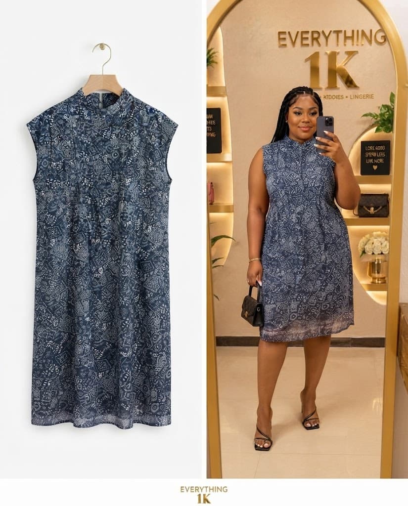 Dark Blue Abstract Pattern Mock Neck Midi Dress