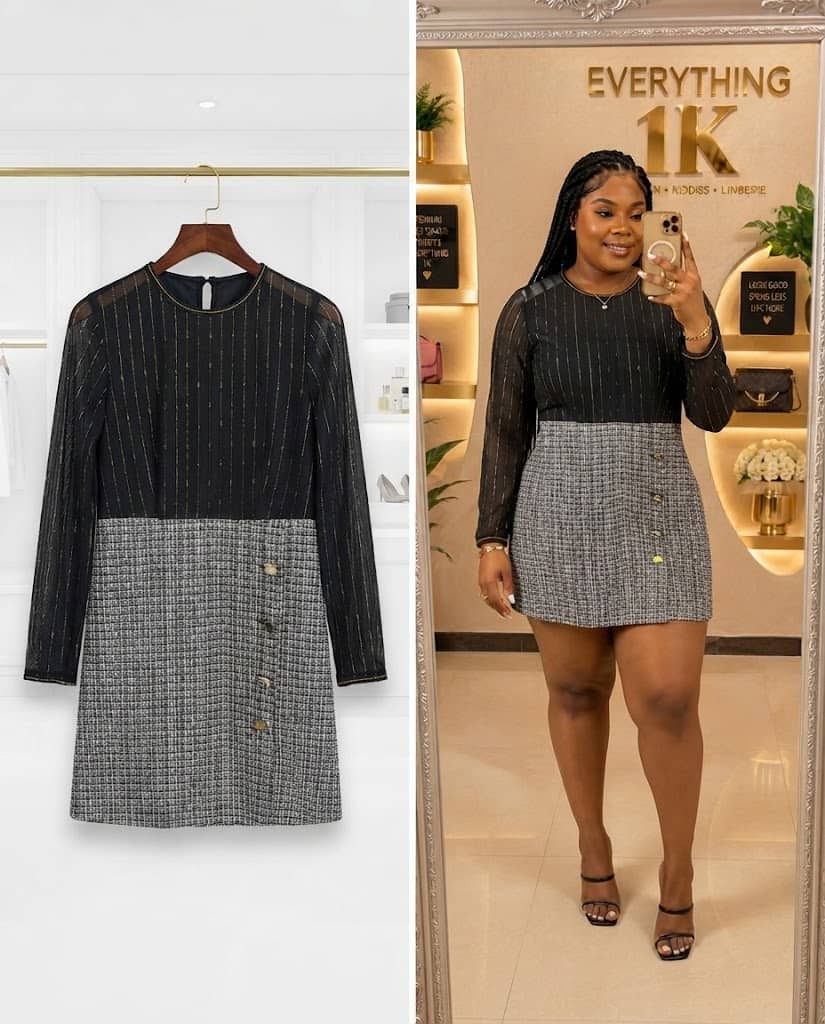 Black and Grey Tweed-Style Panel Mini Dress