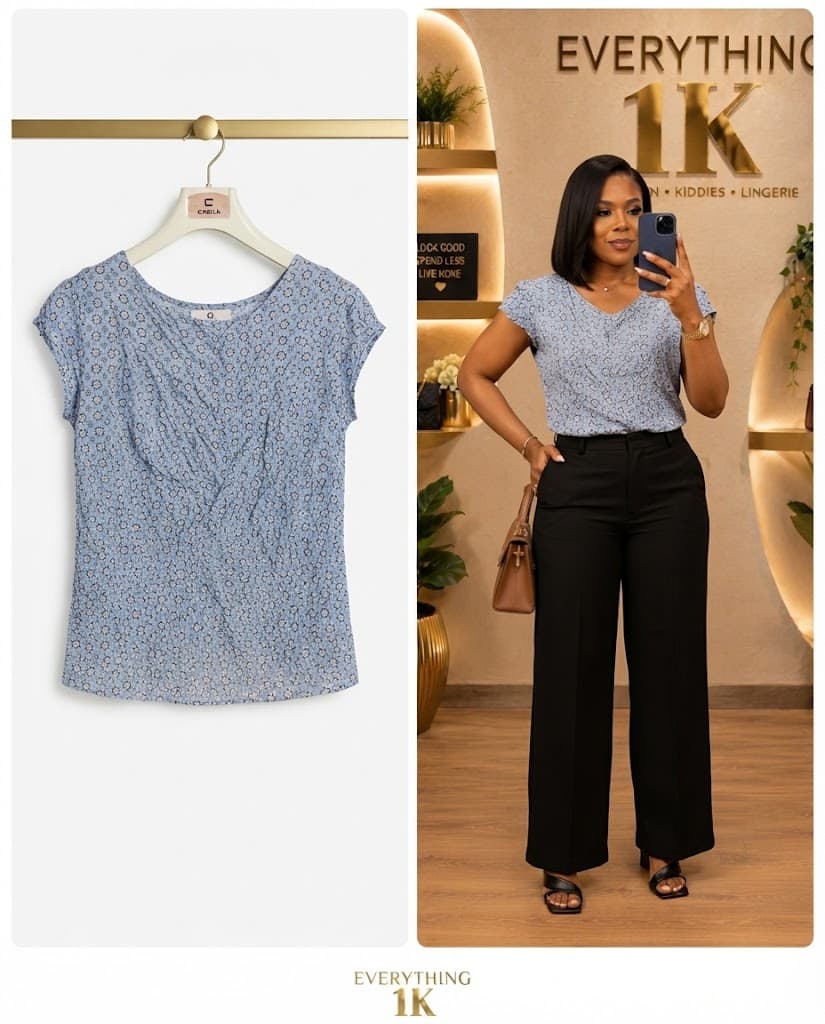 Casual Blue Floral Short-Sleeve Twist Blouse