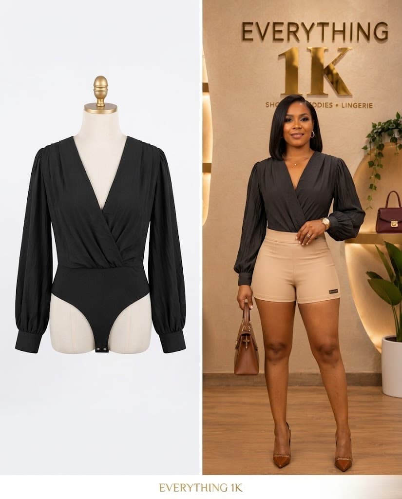 Black Wrapped V-Neck Party Bodysuit